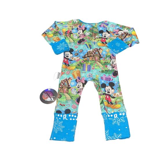 NWT Mickey Minnie Holiday Bamboo Zip Onesie 0-3M Christmas Gingerbread Grip Feet - Picture 2 of 10